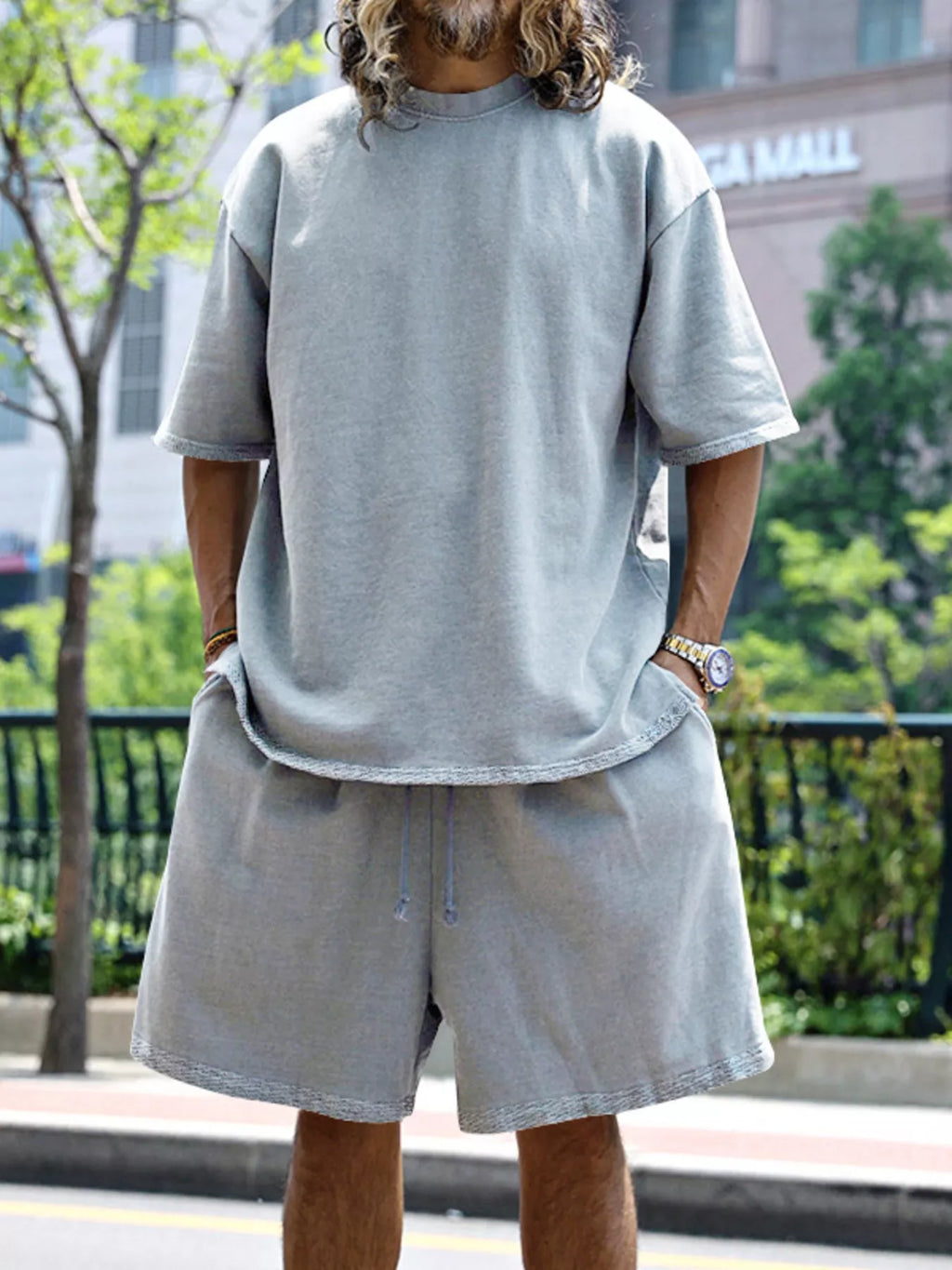 CLOTHRA men plus size matching two piece t-shirt and shorts set showing a relaxed modern casual fit and premium loungewear drape. in a color Light Grey