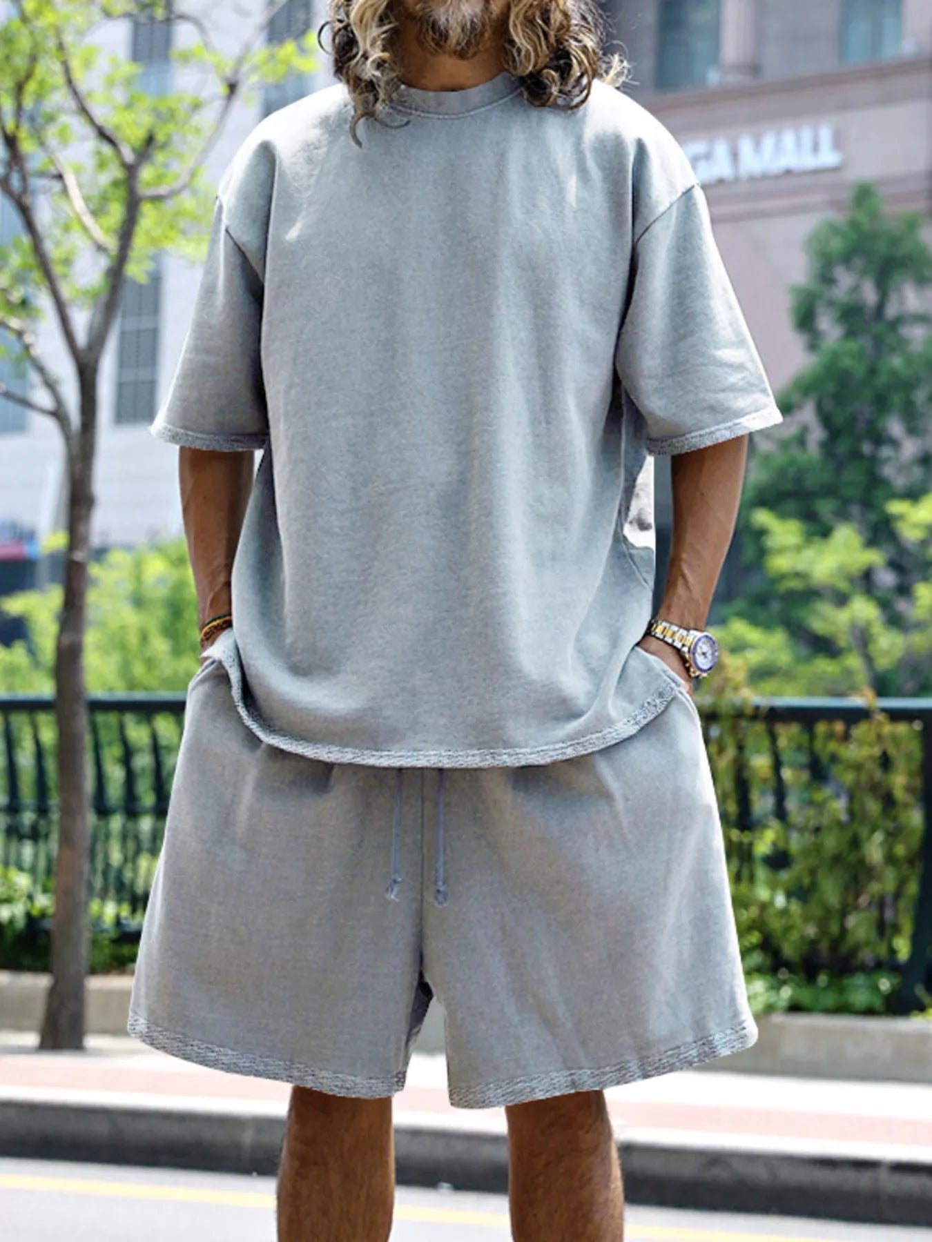 CLOTHRA men plus size matching two piece t-shirt and shorts set showing a relaxed modern casual fit and premium loungewear drape. in a color Light Grey