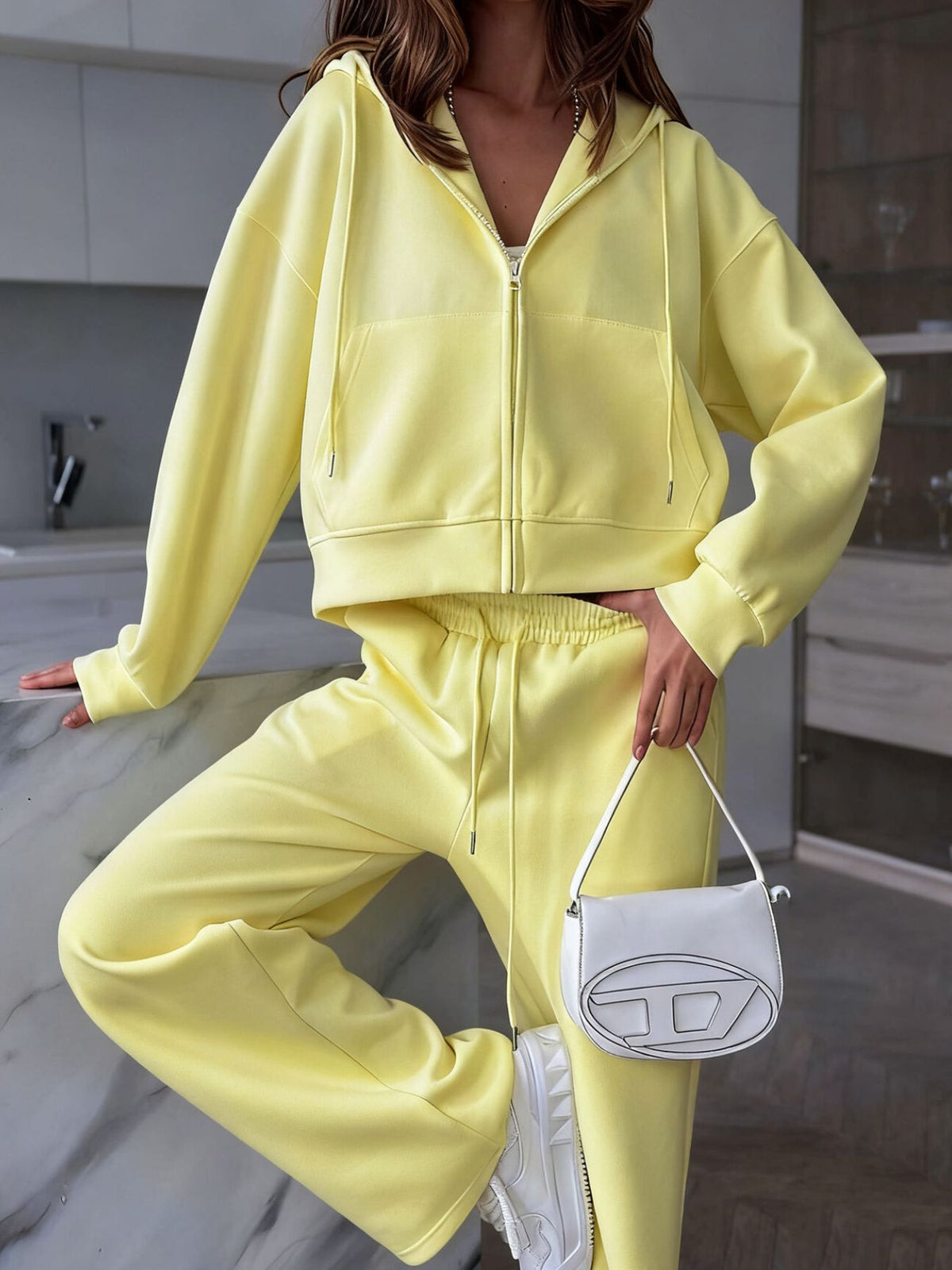 CLOTHRA matching full zip up hoodie and cuffed sweatpants two piece premium cotton tracksuit set in a relaxed urban look. in a color Yellow