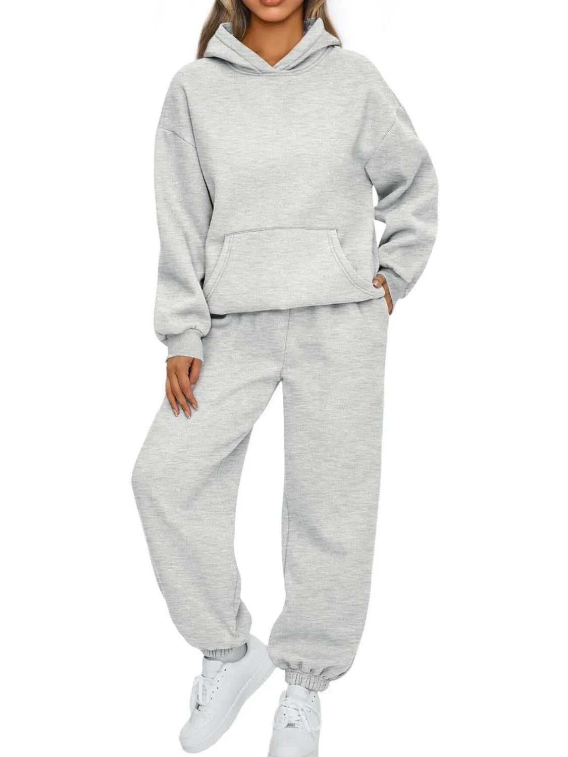 CLOTHRA plus size matching pullover hoodie with front kangaroo pocket and tapered joggers two piece sweatsuit tracksuit set in a clean urban look. in a color Light Grey
