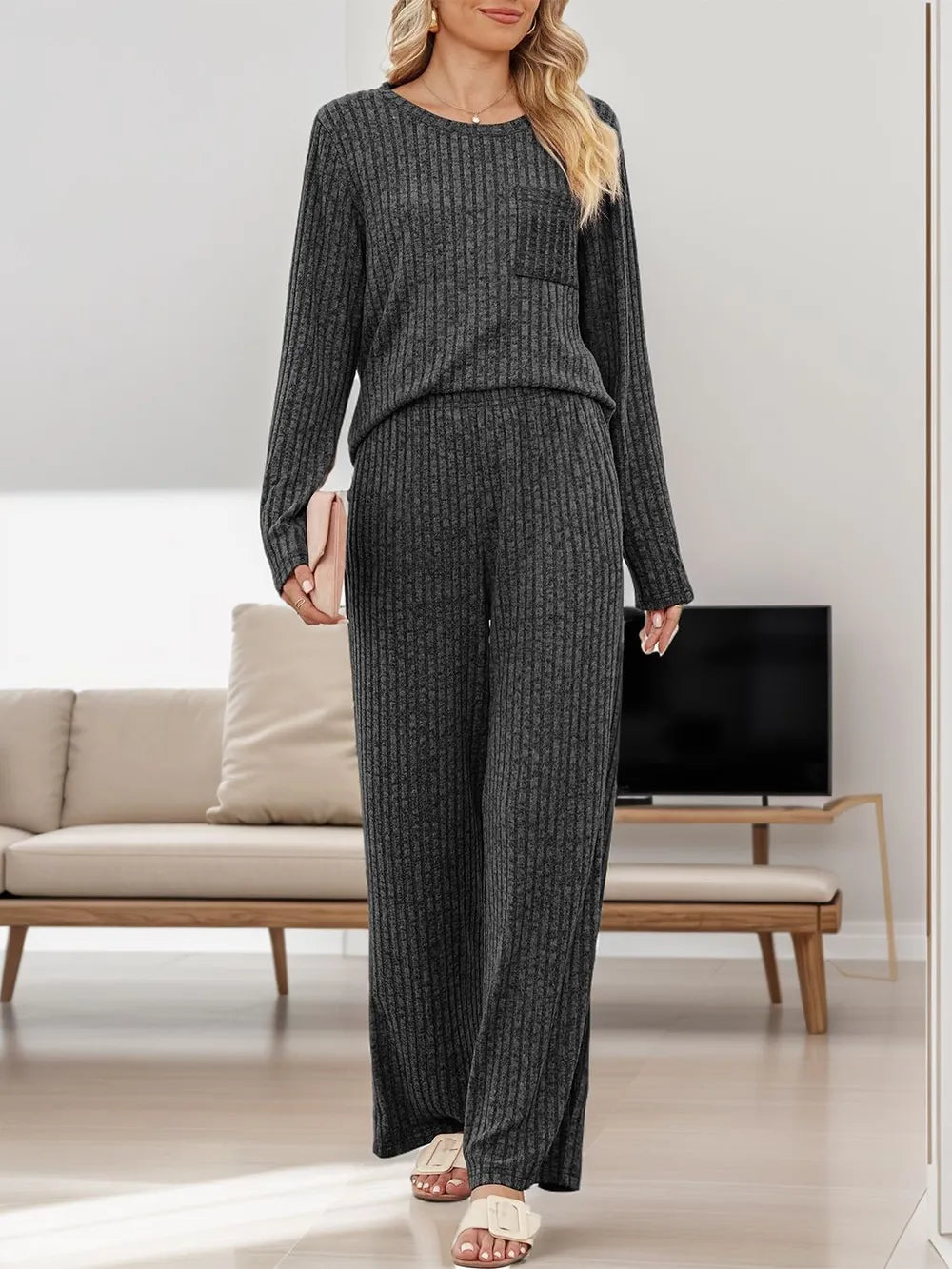 Women's two-piece long-sleeve top and matching pants outfit