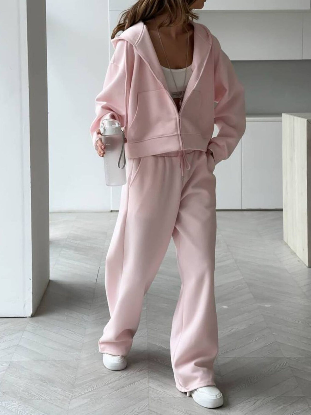 CLOTHRA matching full zip up hoodie and cuffed sweatpants two piece premium cotton tracksuit set in a relaxed urban look. in a color Pink