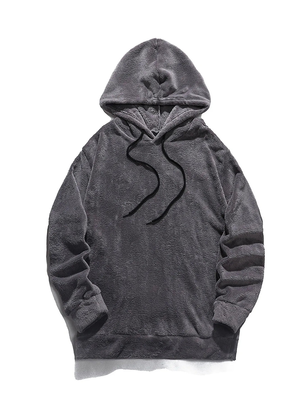 Close up of the double lined heavy hood with adjustable drawstrings and clean collar stitch on CLOTHRA basic style pullover. in a color Grey