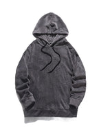 Close up of the double lined heavy hood with adjustable drawstrings and clean collar stitch on CLOTHRA basic style pullover. in a color Grey