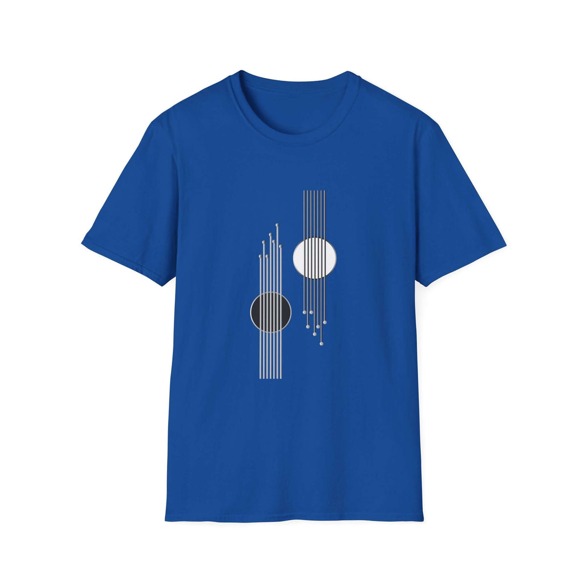 A royal blue short-sleeve crewneck t-shirt featuring a minimalist graphic print on the front with white and black geometric shapes and lines.