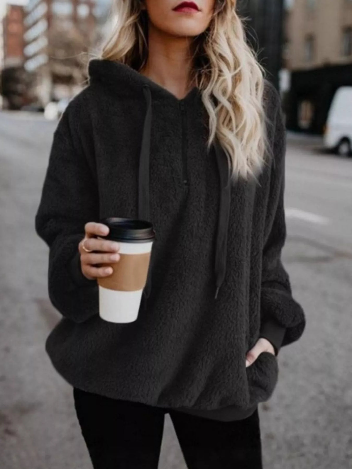 CLOTHRA unisex full size half-zip drawstring fleece hoodie showing a comfortable plus size fit and clean casual streetwear style. in a color Black