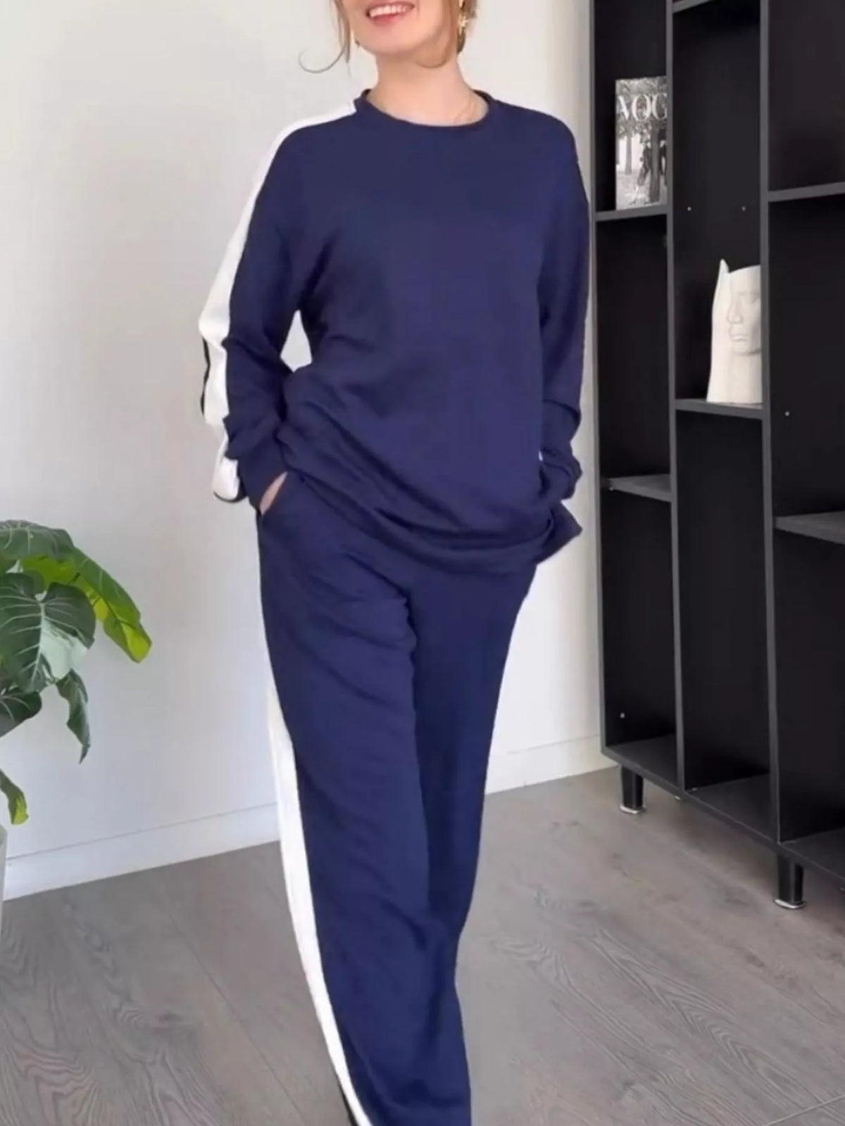 CLOTHRA plus size matching contrast round neck top and relaxed pants two piece color block tracksuit set in a clean urban look. color Dark Blue
