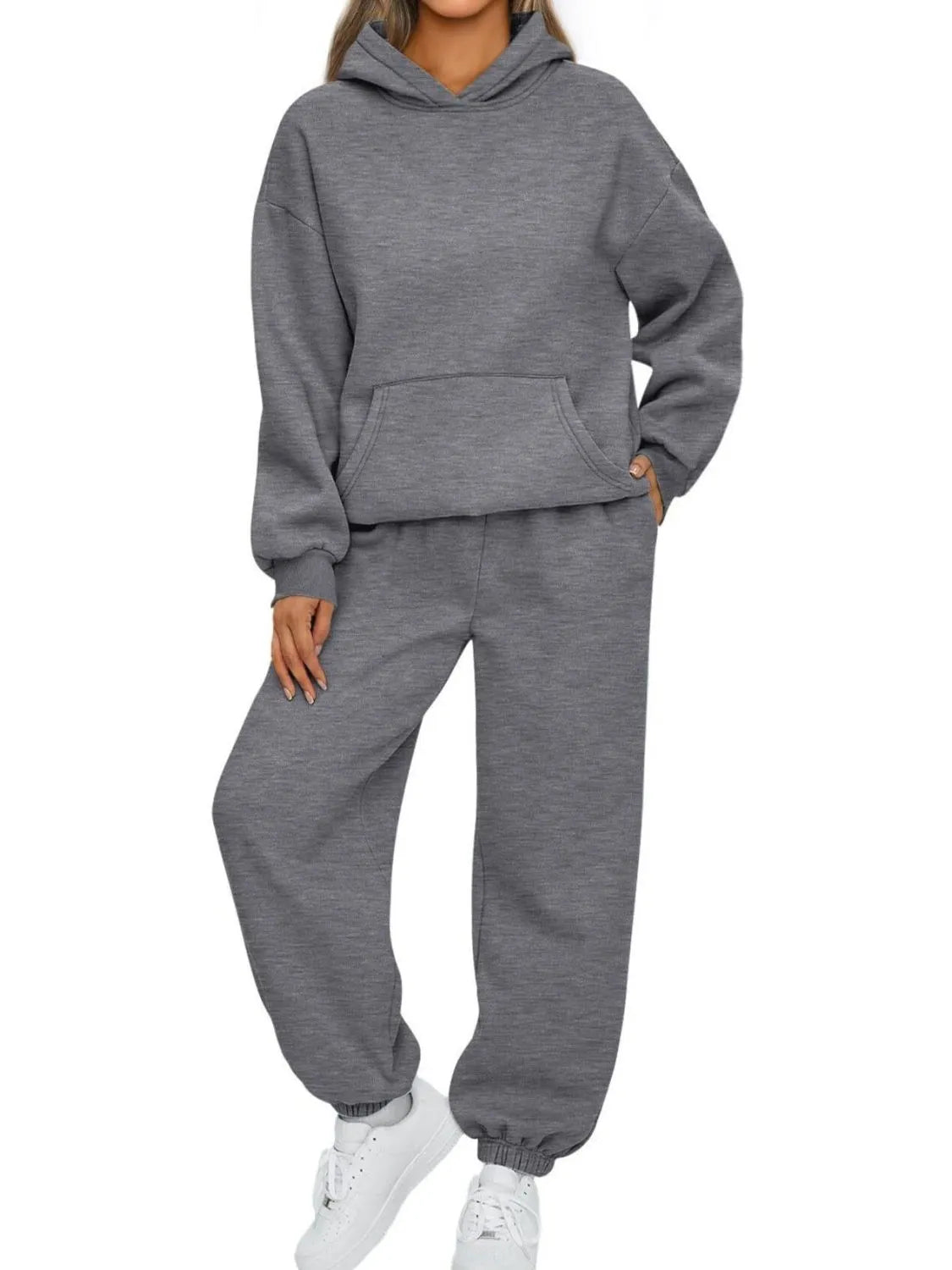 CLOTHRA plus size matching pullover hoodie with front kangaroo pocket and tapered joggers two piece sweatsuit tracksuit set in a clean urban look. in a color Dark Grey