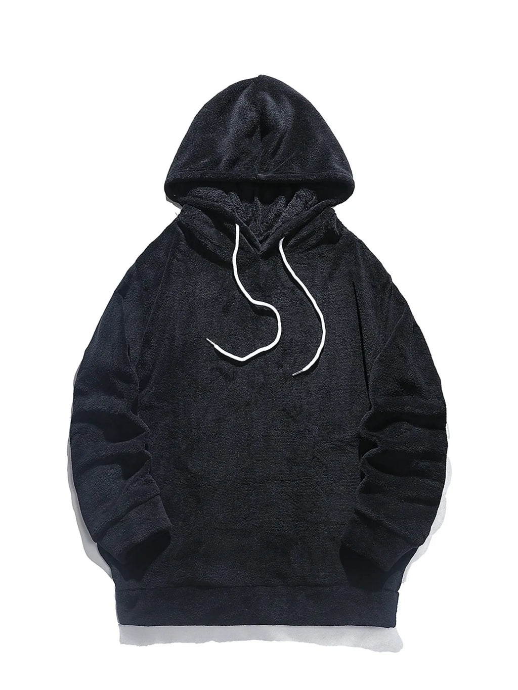 Close up of the double lined heavy hood with adjustable drawstrings and clean collar stitch on CLOTHRA basic style pullover. in a color Black