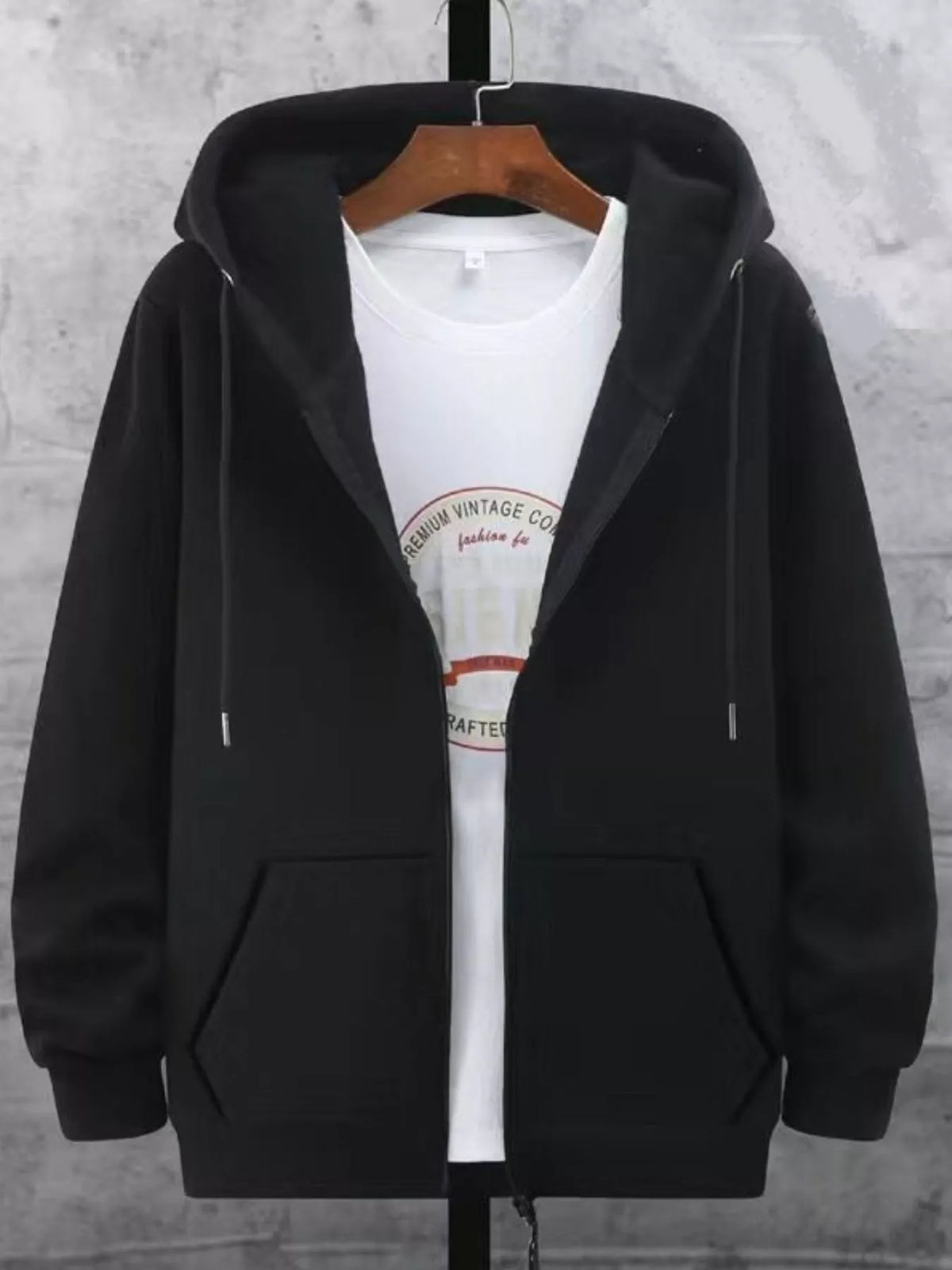 CLOTHRA unisex plus size premium fleece lined zip up hoodie showing a comfortable roomy fit and cozy outerwear style. in a color Black