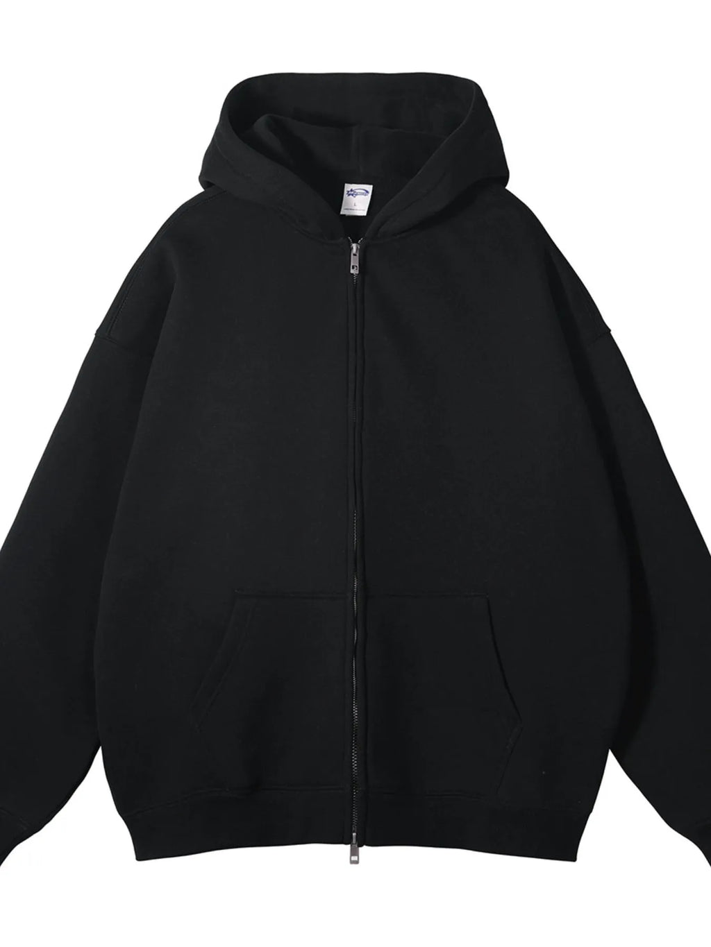 CLOTHRA unisex premium fleece zip-up hoodie showing an oversized fit and cozy streetwear style with front zipper. in a color Black