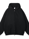CLOTHRA unisex premium fleece zip-up hoodie showing an oversized fit and cozy streetwear style with front zipper. in a color Black