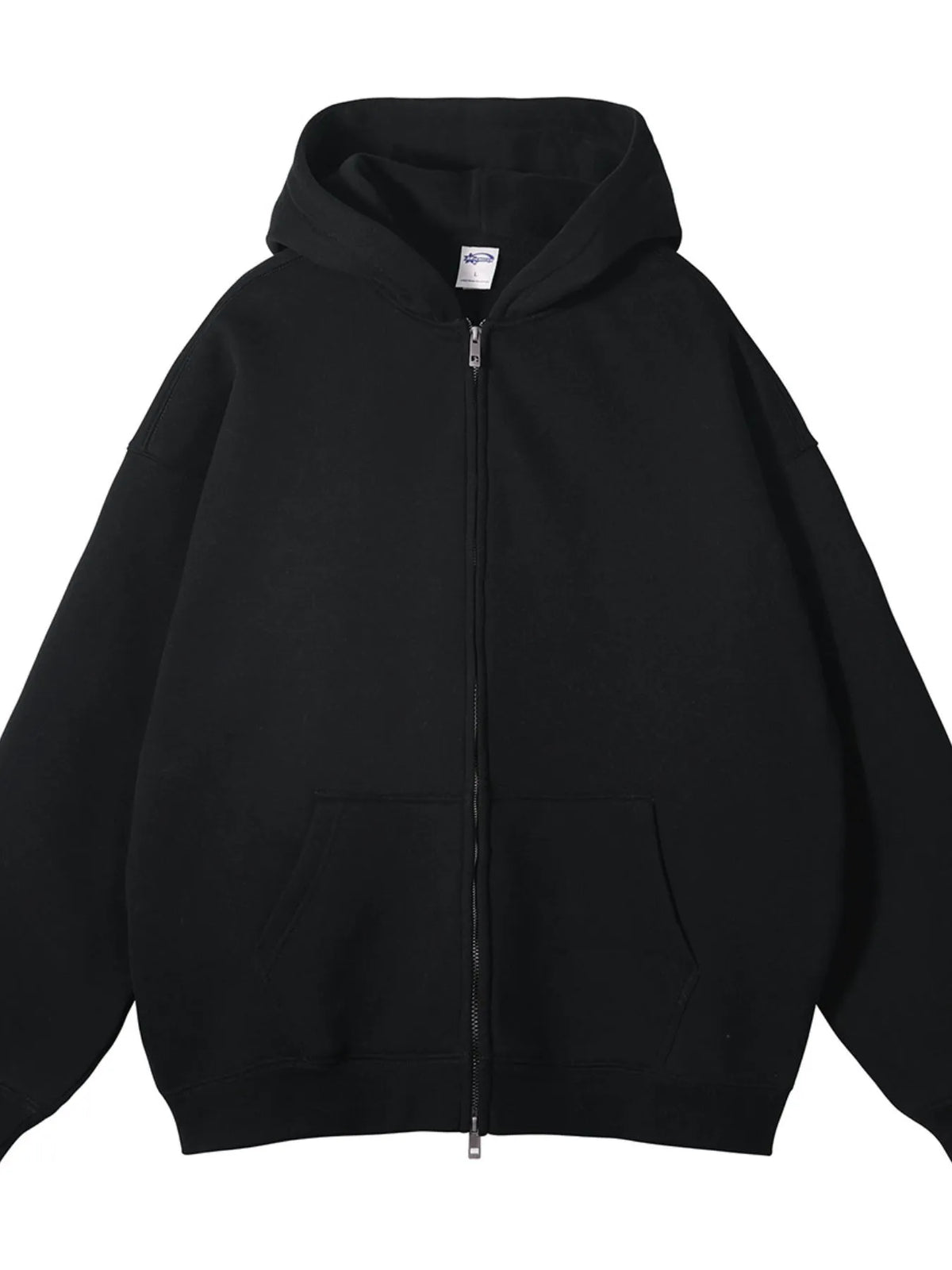 CLOTHRA unisex premium fleece zip-up hoodie showing an oversized fit and cozy streetwear style with front zipper. in a color Black