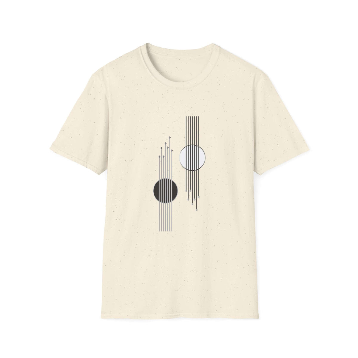 An off-white crewneck t-shirt with a minimalist geometric graphic on the chest featuring black and gray lines and circles, displayed against a solid white background.