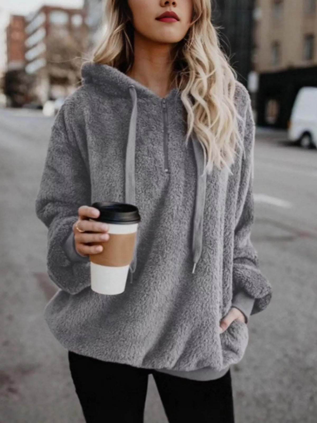 CLOTHRA unisex full size half-zip drawstring fleece hoodie showing a comfortable plus size fit and clean casual streetwear style.