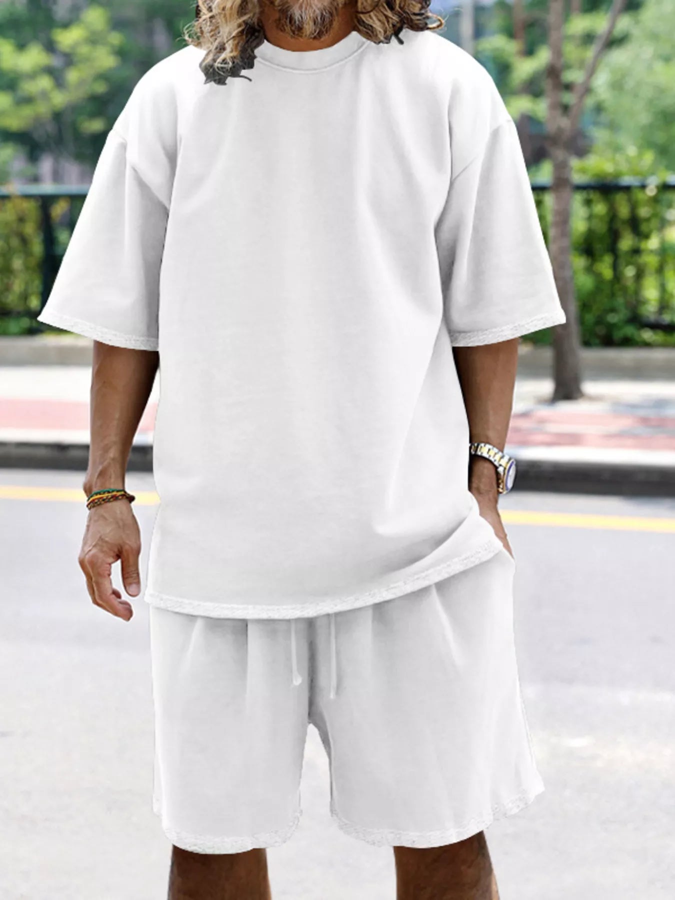 CLOTHRA men plus size matching two piece t-shirt and shorts set showing a relaxed modern casual fit and premium loungewear drape. in a color White