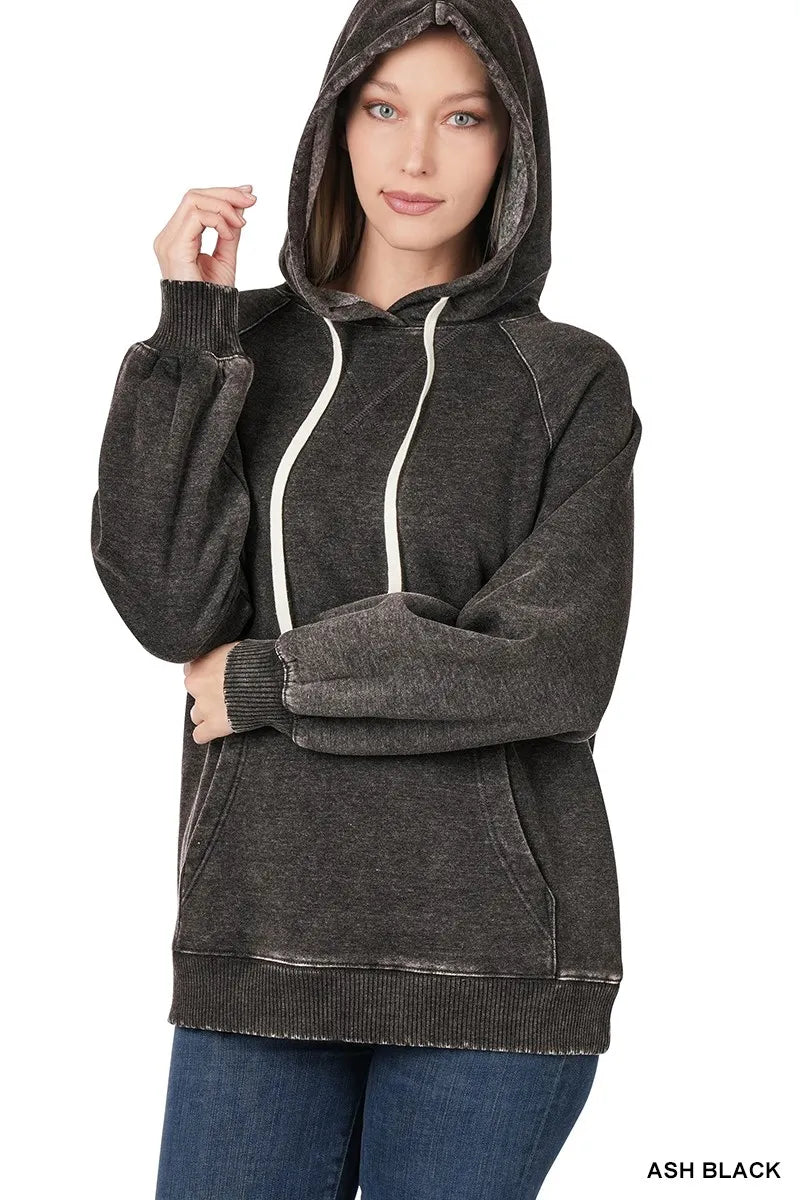 CLOTHRA Zenana pullover streetwear hoodie featuring a custom vintage acid wash faded finish and front kangaroo pocket in a clean urban look.