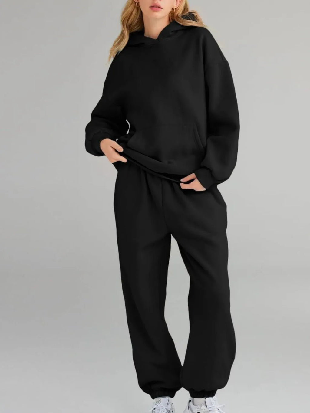 CLOTHRA plus size matching pullover hoodie with front kangaroo pocket and tapered joggers two piece sweatsuit tracksuit set in a clean urban look. in a color Black