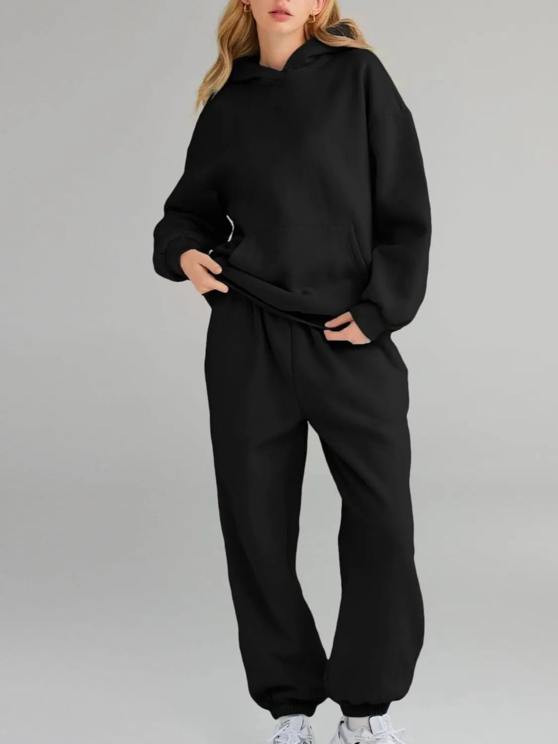 CLOTHRA plus size matching pullover hoodie with front kangaroo pocket and tapered joggers two piece sweatsuit tracksuit set in a clean urban look. in a color Black