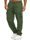 CLOTHRA men full size cargo pants with drawstring waist showing a comfortable plus size straight leg streetwear look. in a color Army Green