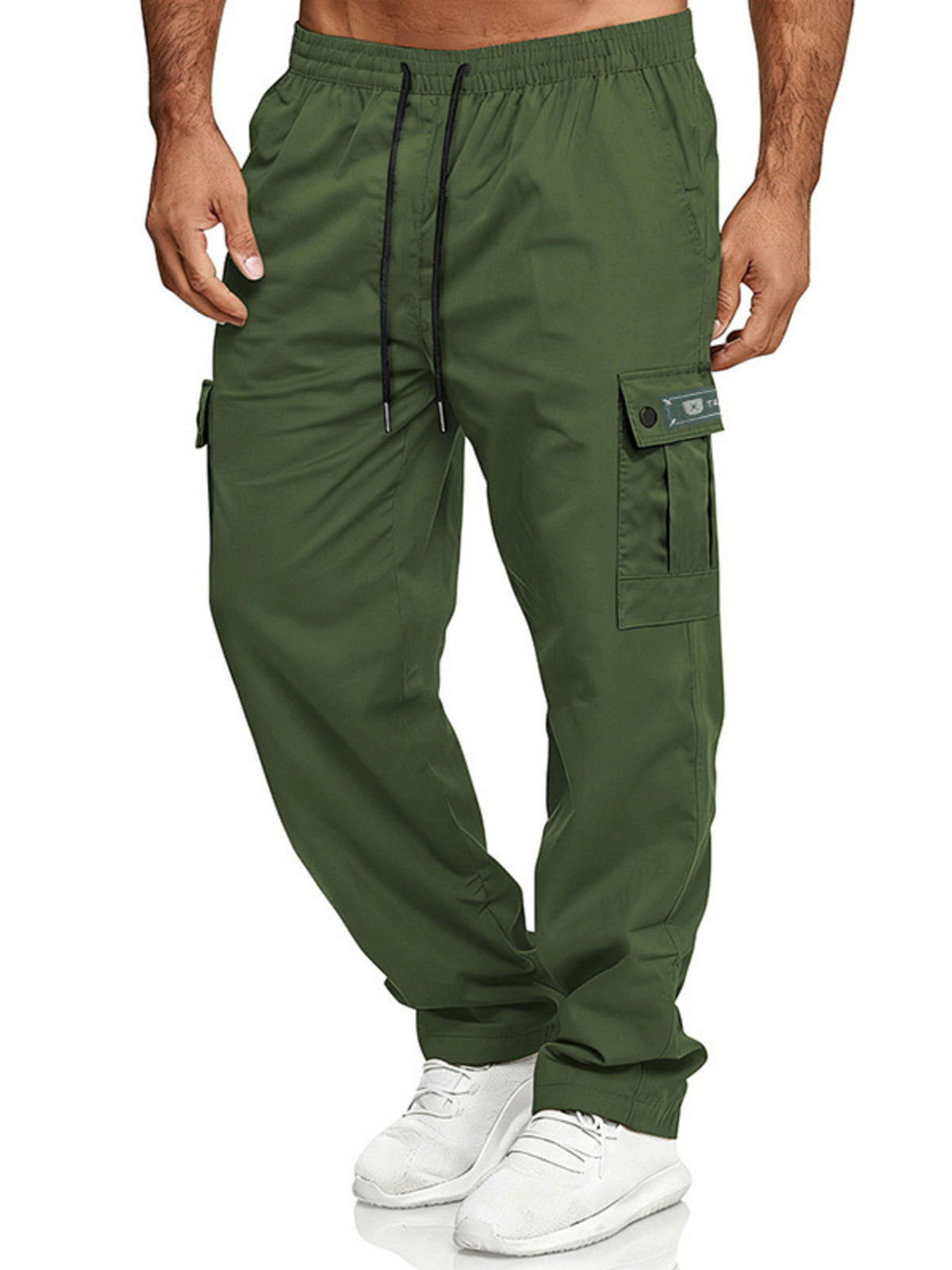 CLOTHRA men full size cargo pants with drawstring waist showing a comfortable plus size straight leg streetwear look. in a color Army Green