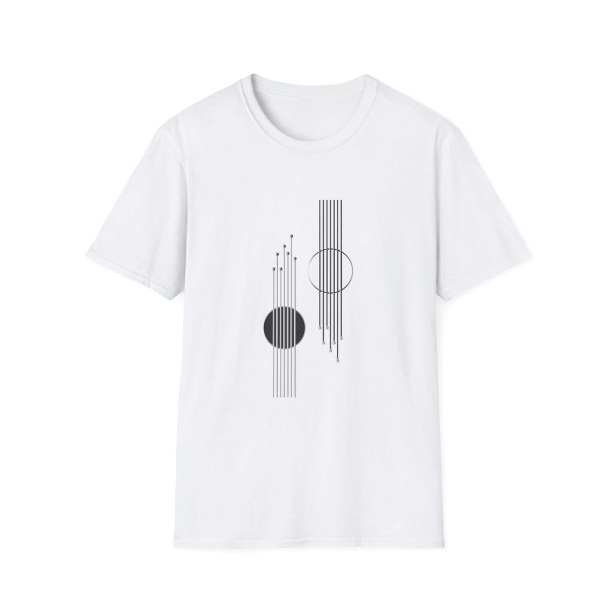 A white short-sleeve crewneck t-shirt featuring a minimalist black geometric graphic on the front, consisting of vertical lines, a solid black circle, and thin circular line elements, displayed against a solid white background.