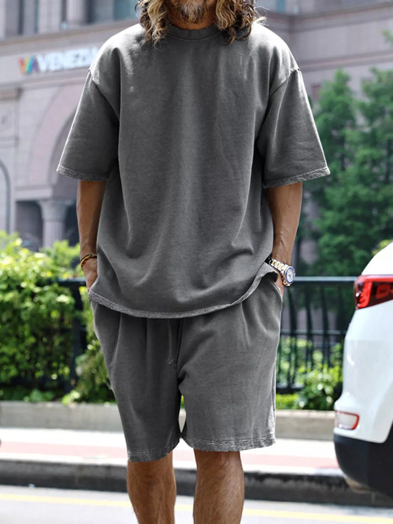 CLOTHRA men plus size matching two piece t-shirt and shorts set showing a relaxed modern casual fit and premium loungewear drape. in a color Dark Grey