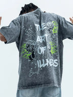 CLOTHRA men oversized skull graphic round neck tee showing a relaxed boxy fit and high definition street fashion print. Back side view