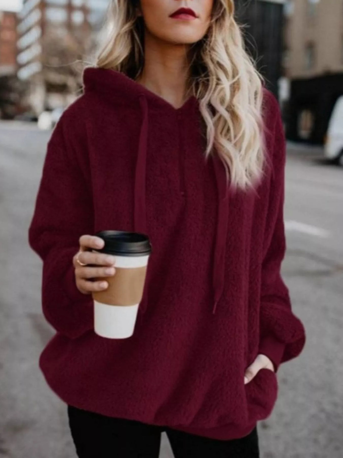 CLOTHRA unisex full size half-zip drawstring fleece hoodie showing a comfortable plus size fit and clean casual streetwear style. in a color Burgundy