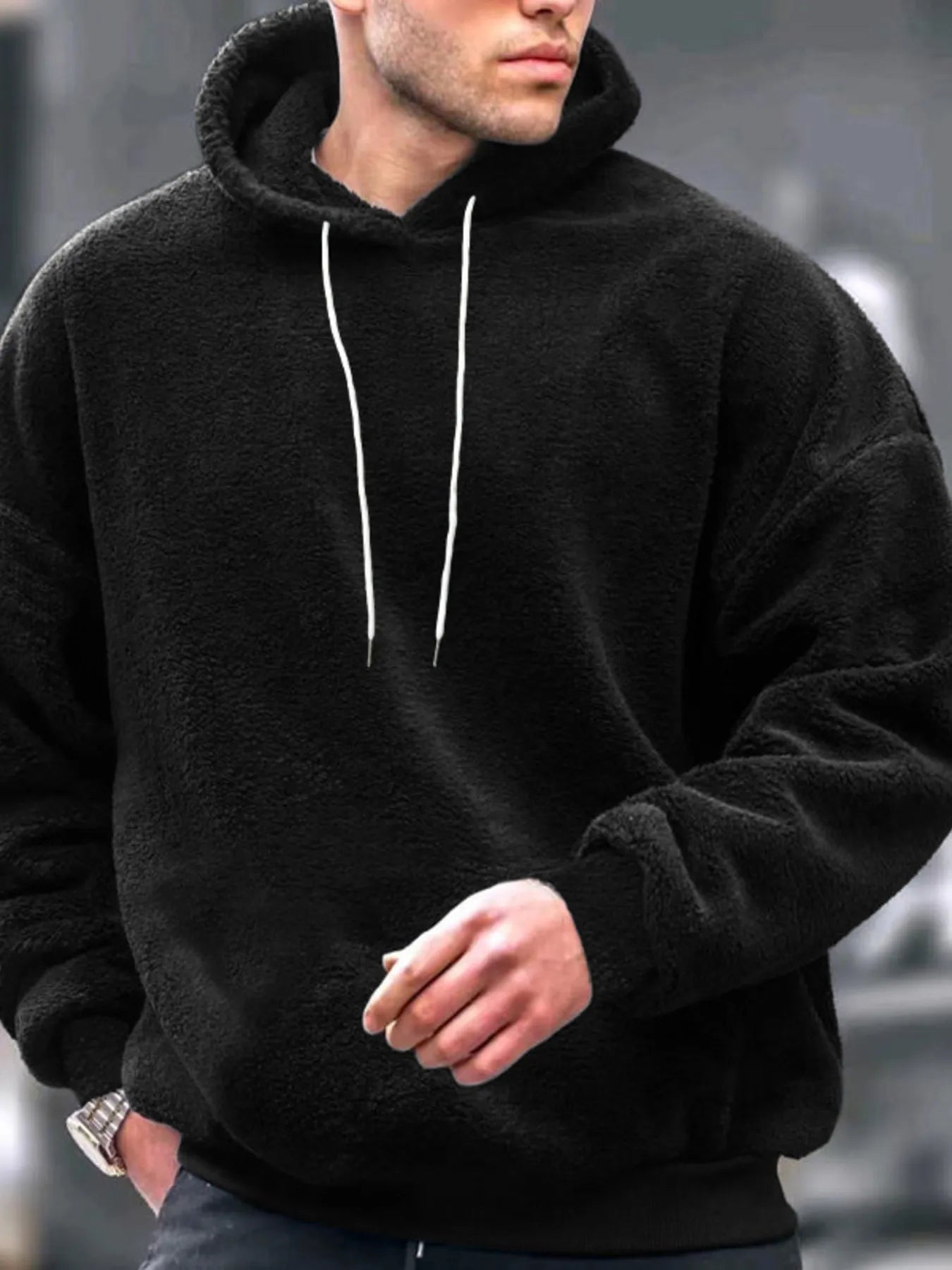 CLOTHRA men premium cotton fleece long sleeve hoodie showing a modern oversized fit and relaxed streetwear drape.