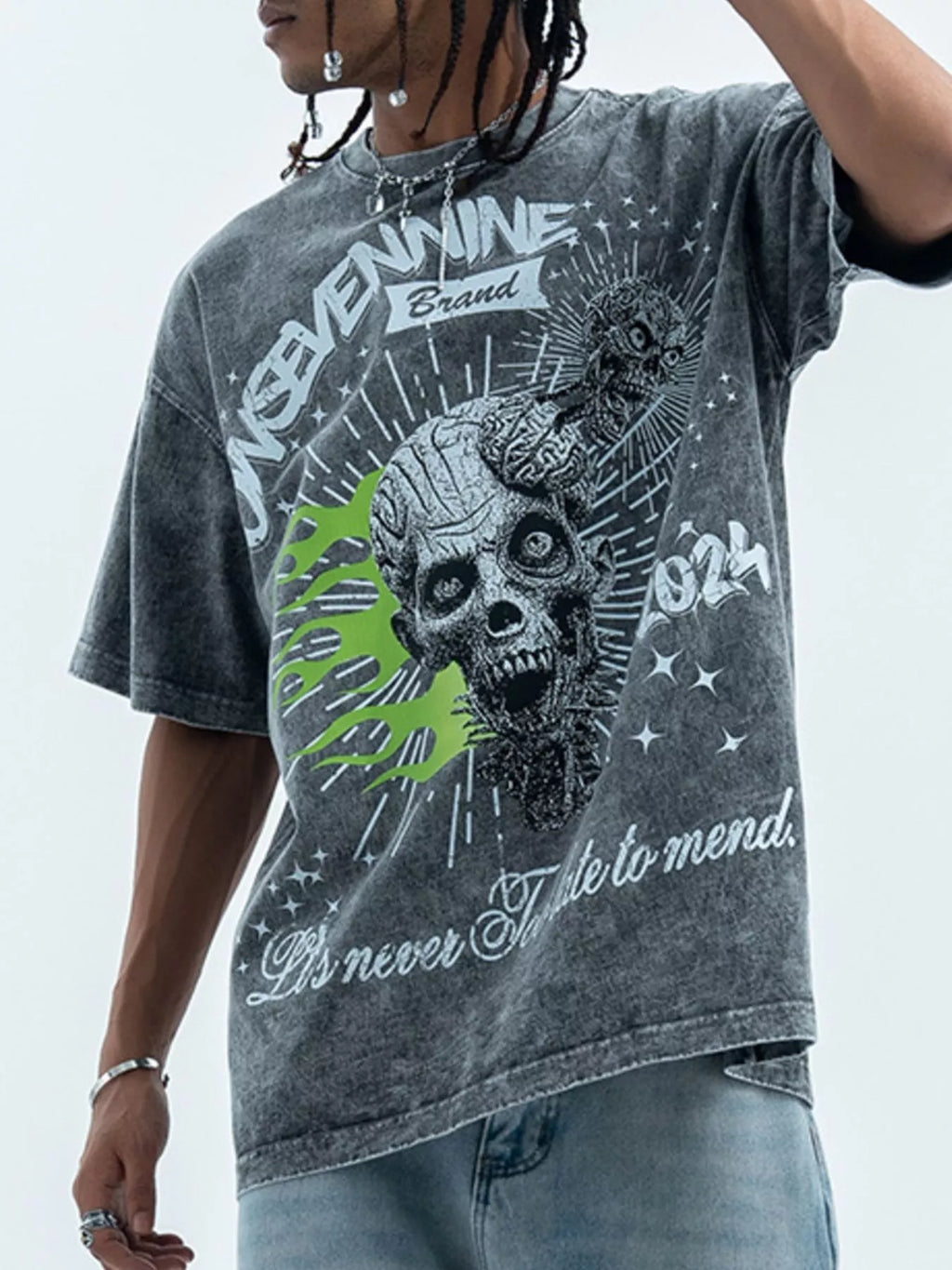 CLOTHRA men oversized skull graphic round neck tee showing a relaxed boxy fit and high definition street fashion print.