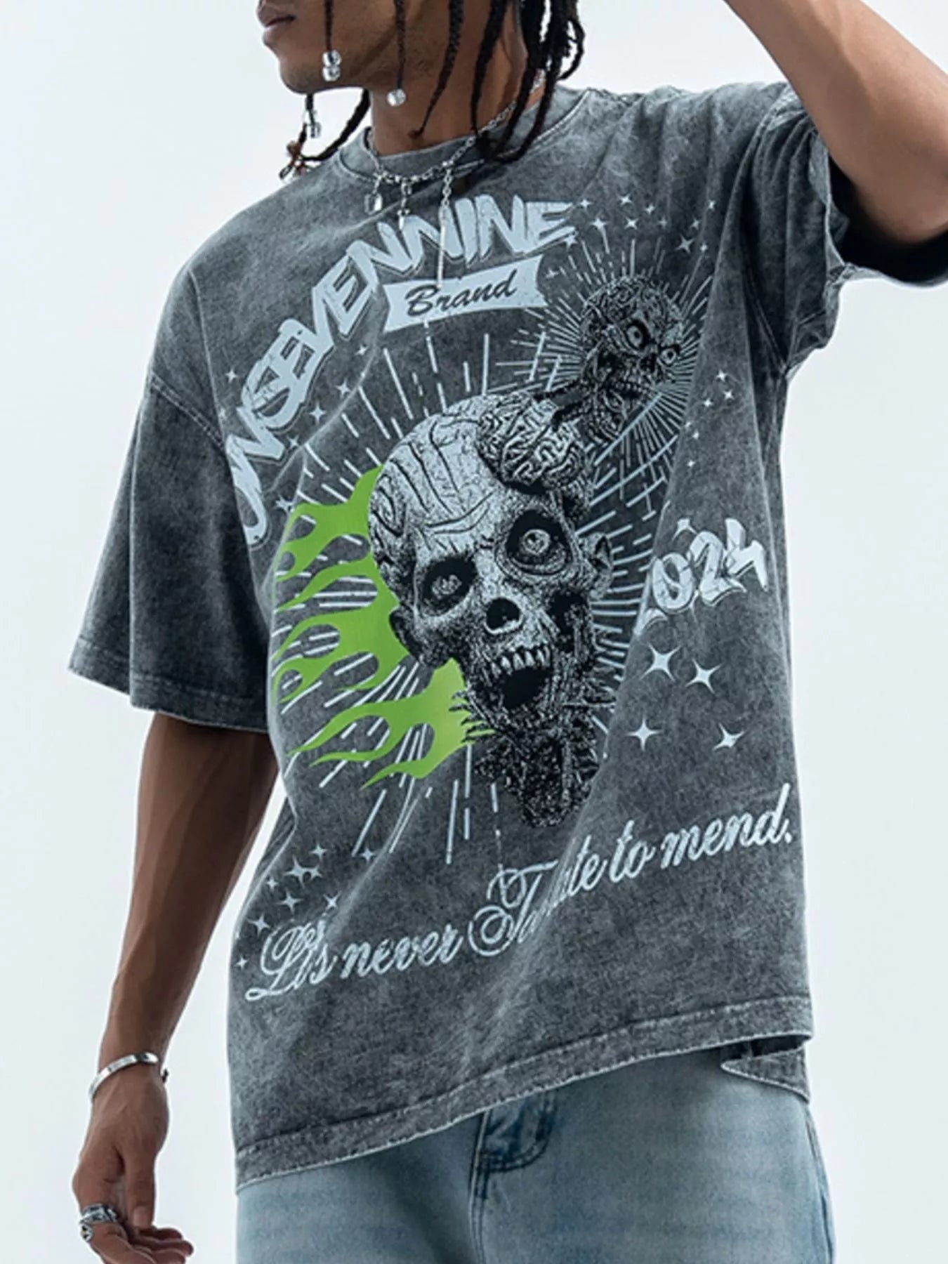 CLOTHRA men oversized skull graphic round neck tee showing a relaxed boxy fit and high definition street fashion print.