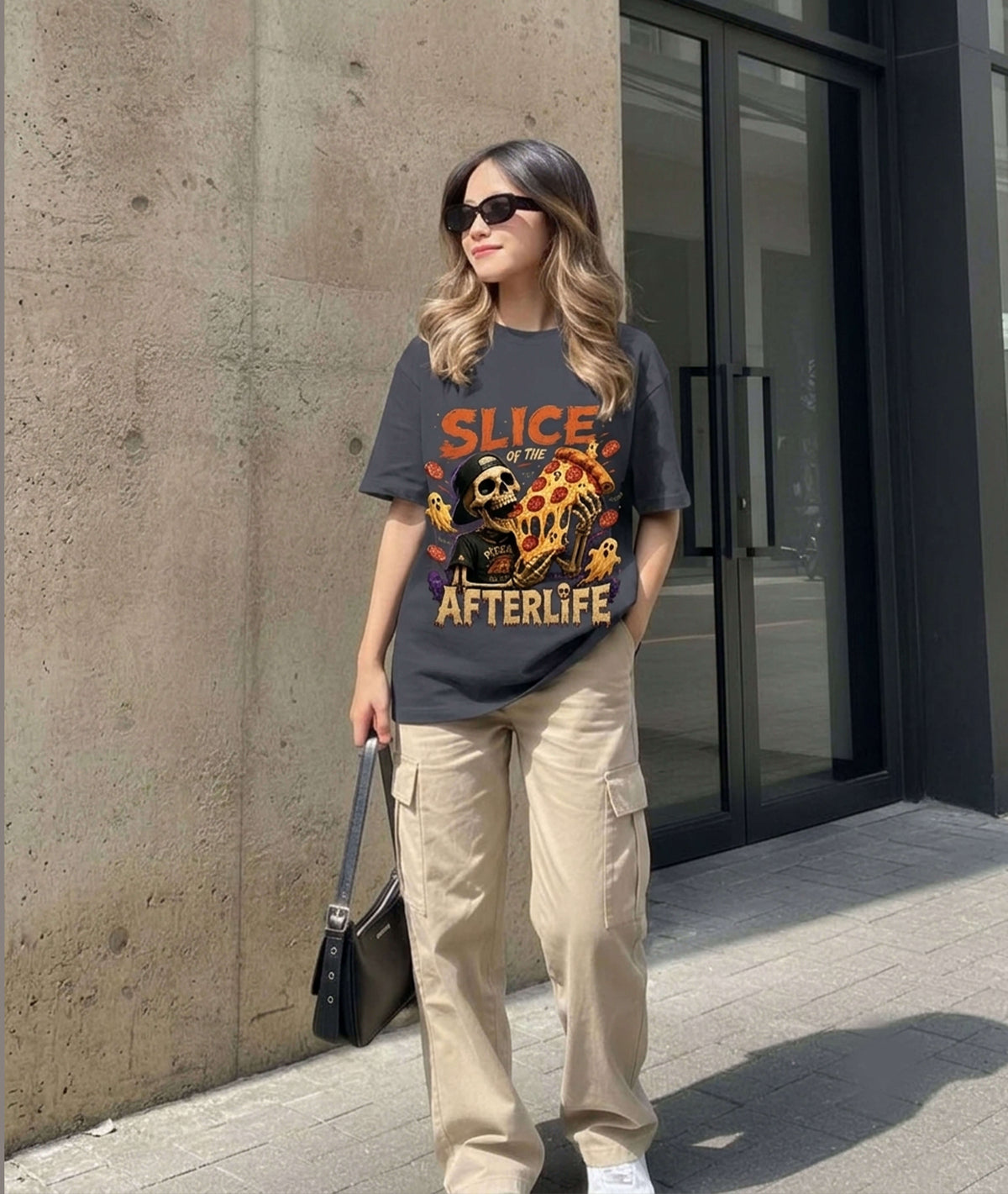 CLOTHRA Slice of the Afterlife Pizza Skeleton Graphic T-Shirt | Premium Heavyweight Tee