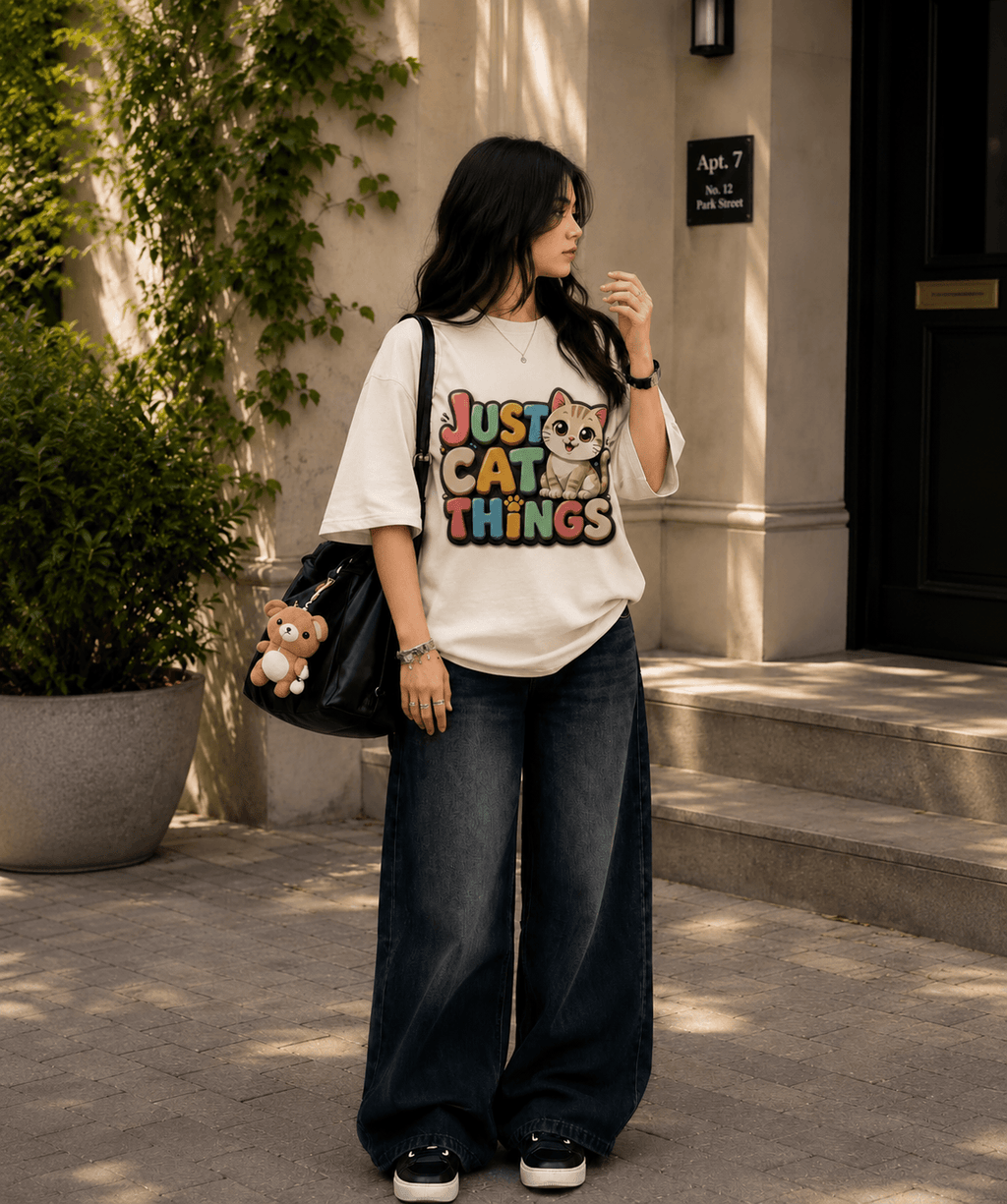 A woman stands outdoors in front of a building entrance wearing a cream graphic T-shirt with colorful 'JUST CAT THINGS' text and a cat illustration, paired with dark wide-leg jeans, black sneakers, and a black shoulder bag.