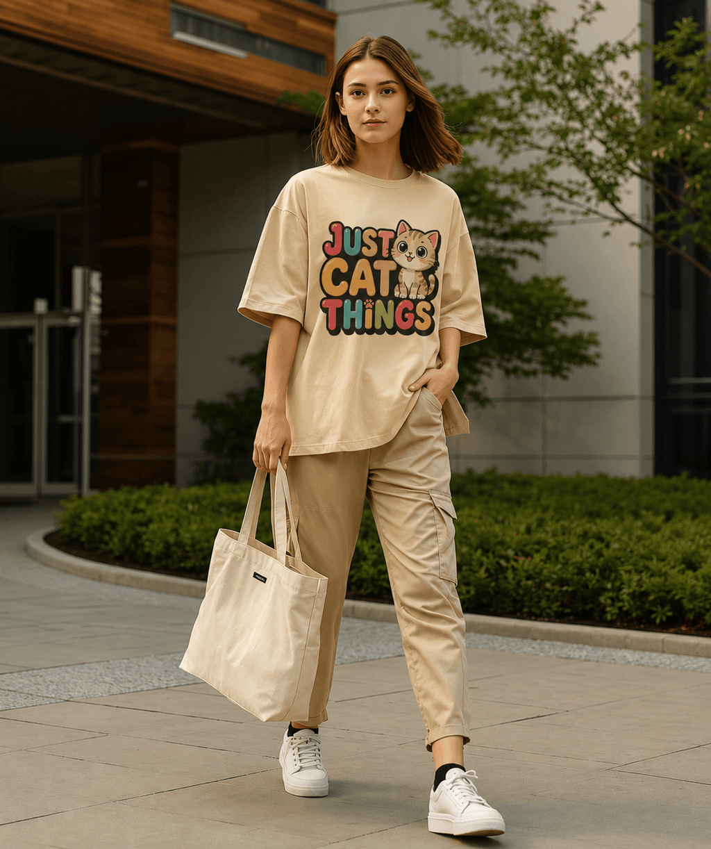 A woman stands outdoors wearing a beige oversized graphic T-shirt with the words 'JUST CAT THINGS' and a cat illustration, paired with matching beige cargo pants, white sneakers, and carrying a cream canvas tote bag.