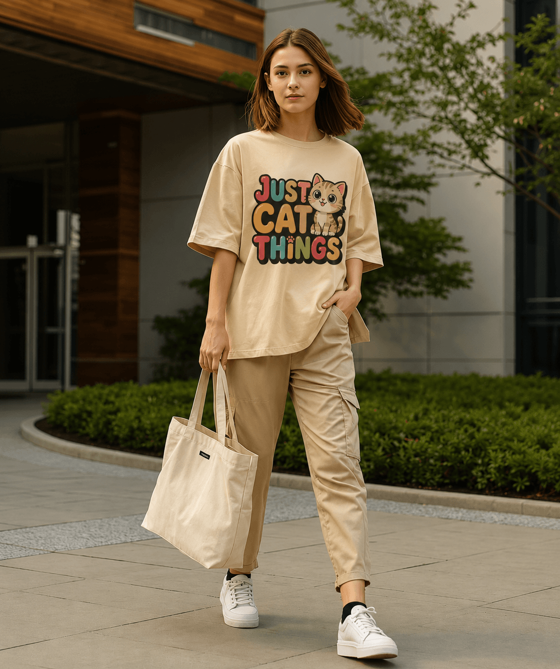 A woman stands outdoors wearing a beige oversized graphic T-shirt with the words 'JUST CAT THINGS' and a cat illustration, paired with matching beige cargo pants, white sneakers, and carrying a cream canvas tote bag.