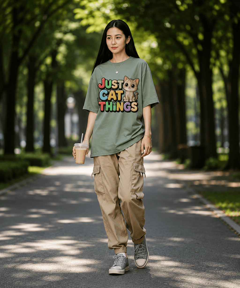 A woman walking down a tree-lined path wearing an oversized sage green graphic t-shirt that reads 'JUST CAT THINGS' with a cat illustration, paired with beige cargo pants and gray sneakers.