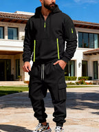 CLOTHRA men's plus size matching half zip hoodie and multi pocket cargo pants two piece utility tracksuit set in a clean urban look.