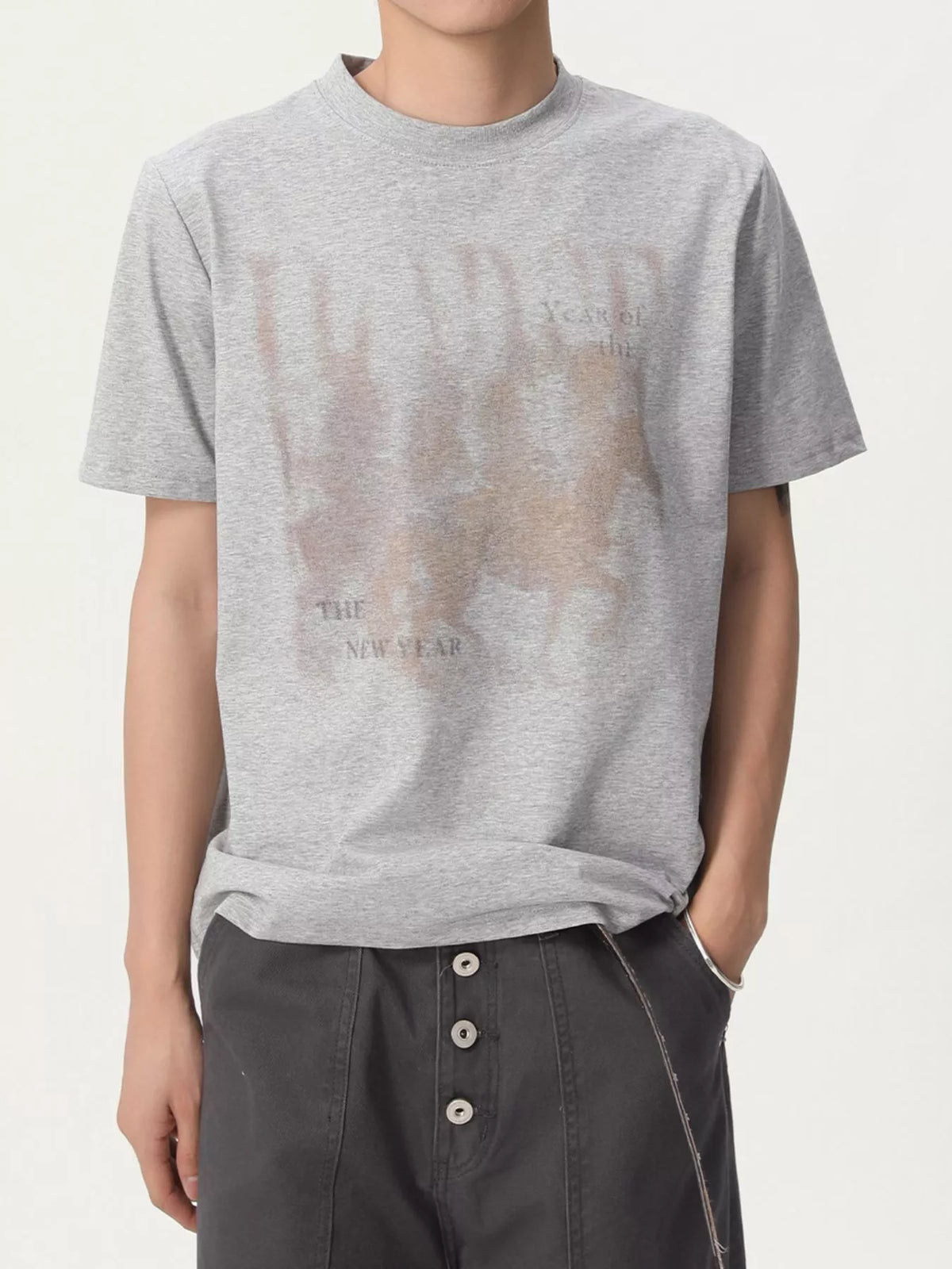 CLOTHRA men vintage graphic short sleeve premium tee showing a relaxed modern casual fit and high definition retro print styling. in a color Grey