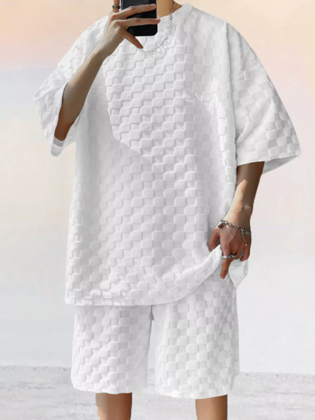CLOTHRA men plus size matching two piece textured t-shirt and shorts set showing a structured boxy fit and premium casual resort style drape. in a color White