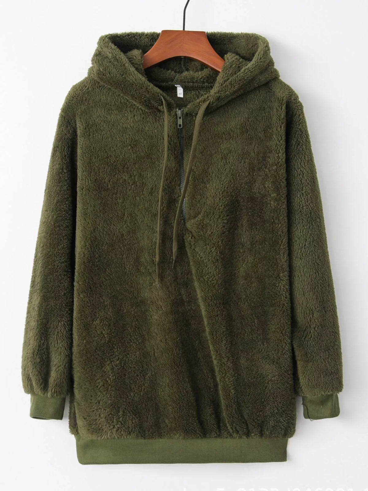 Close up of the high-quality front half zipper and thick adjustable hood drawstrings on CLOTHRA unisex fleece pullover. in a color Army Green