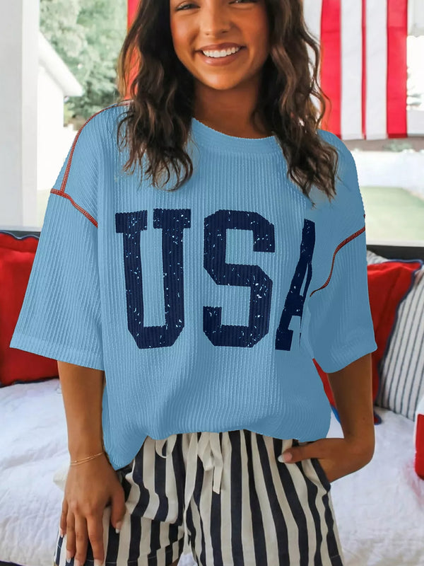 CLOTHRA unisex usa graphic ribbed knit t-shirt showing a modern versatile fit and unique contrast stitching accents.