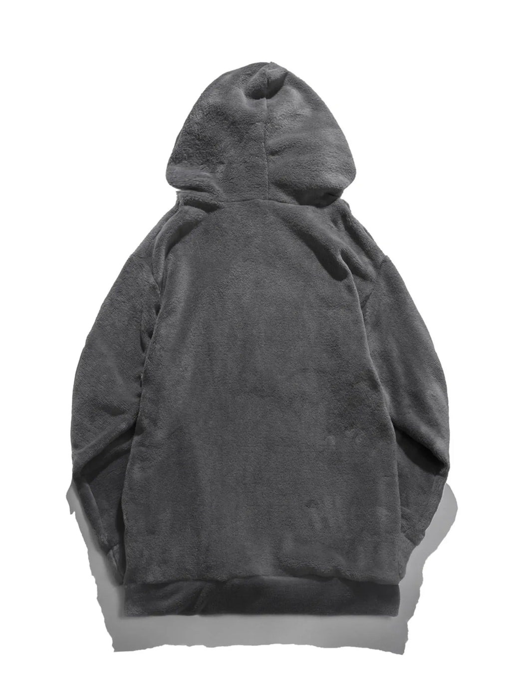 Detailed close up shot of the ultra soft brushed cotton fleece interior lining on CLOTHRA premium cozy hoodie. Back side view in color Grey