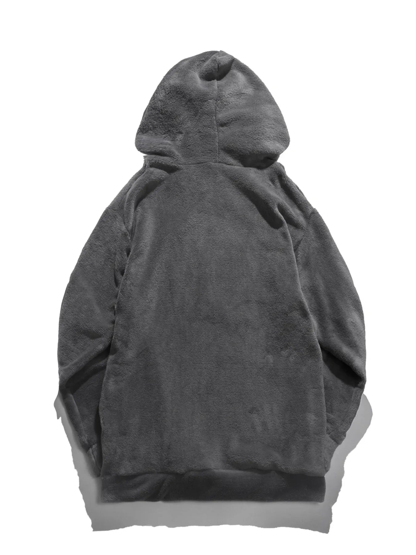 Detailed close up shot of the ultra soft brushed cotton fleece interior lining on CLOTHRA premium cozy hoodie. Back side view in color Grey