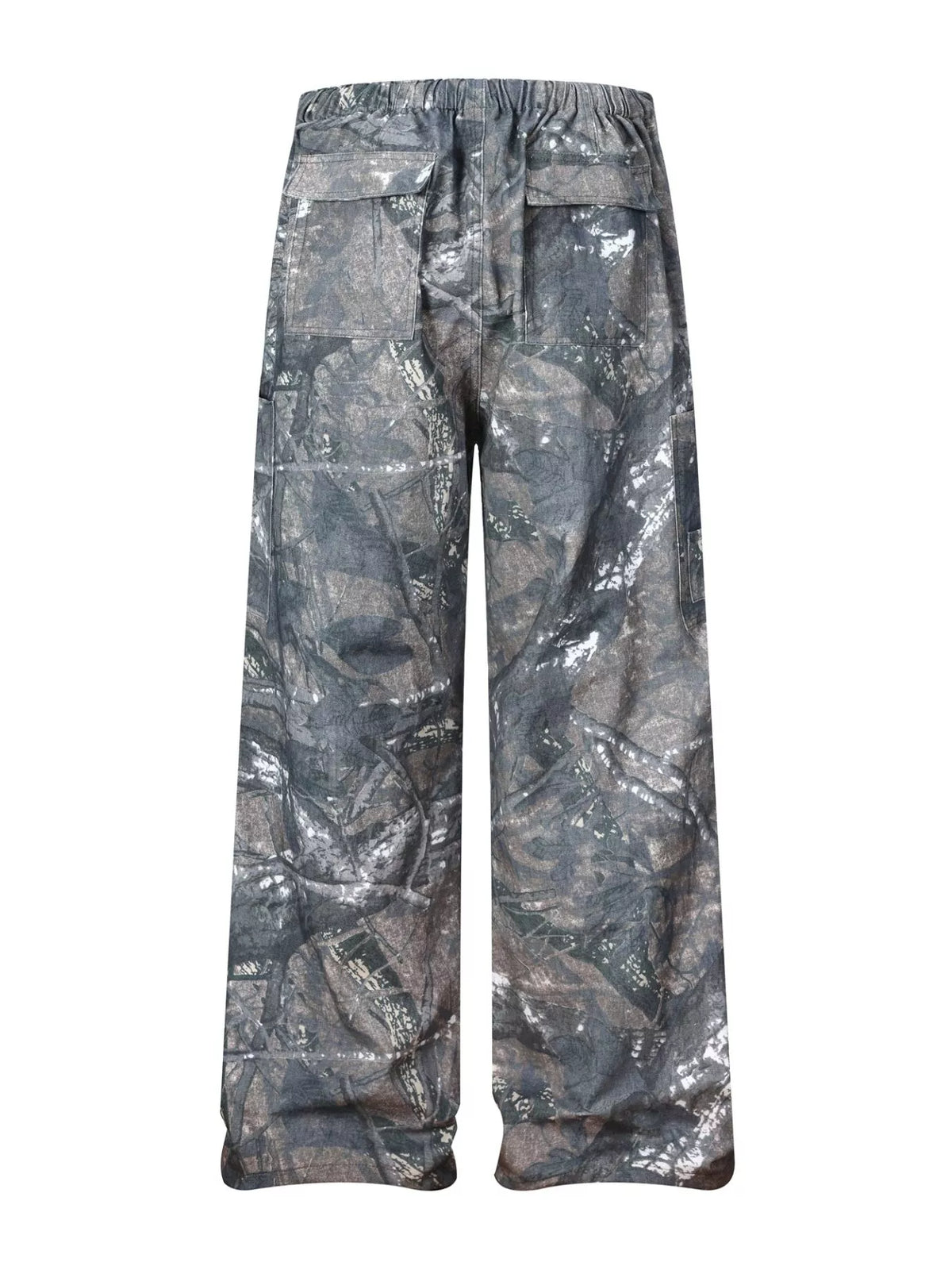 CLOTHRA men camouflage cargo pants showing a relaxed modern utility fit and high contrast military tactical print styling. Back side view