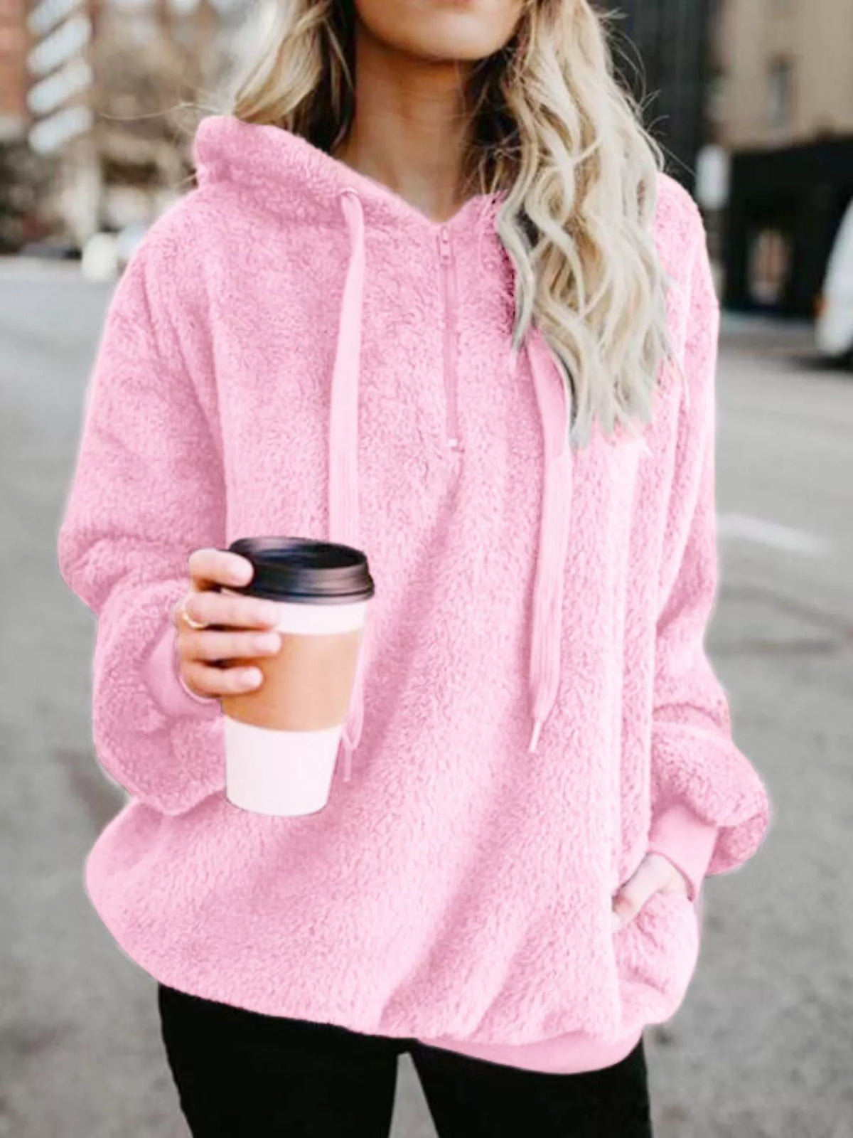 CLOTHRA unisex full size half-zip drawstring fleece hoodie showing a comfortable plus size fit and clean casual streetwear style. in a color Pink