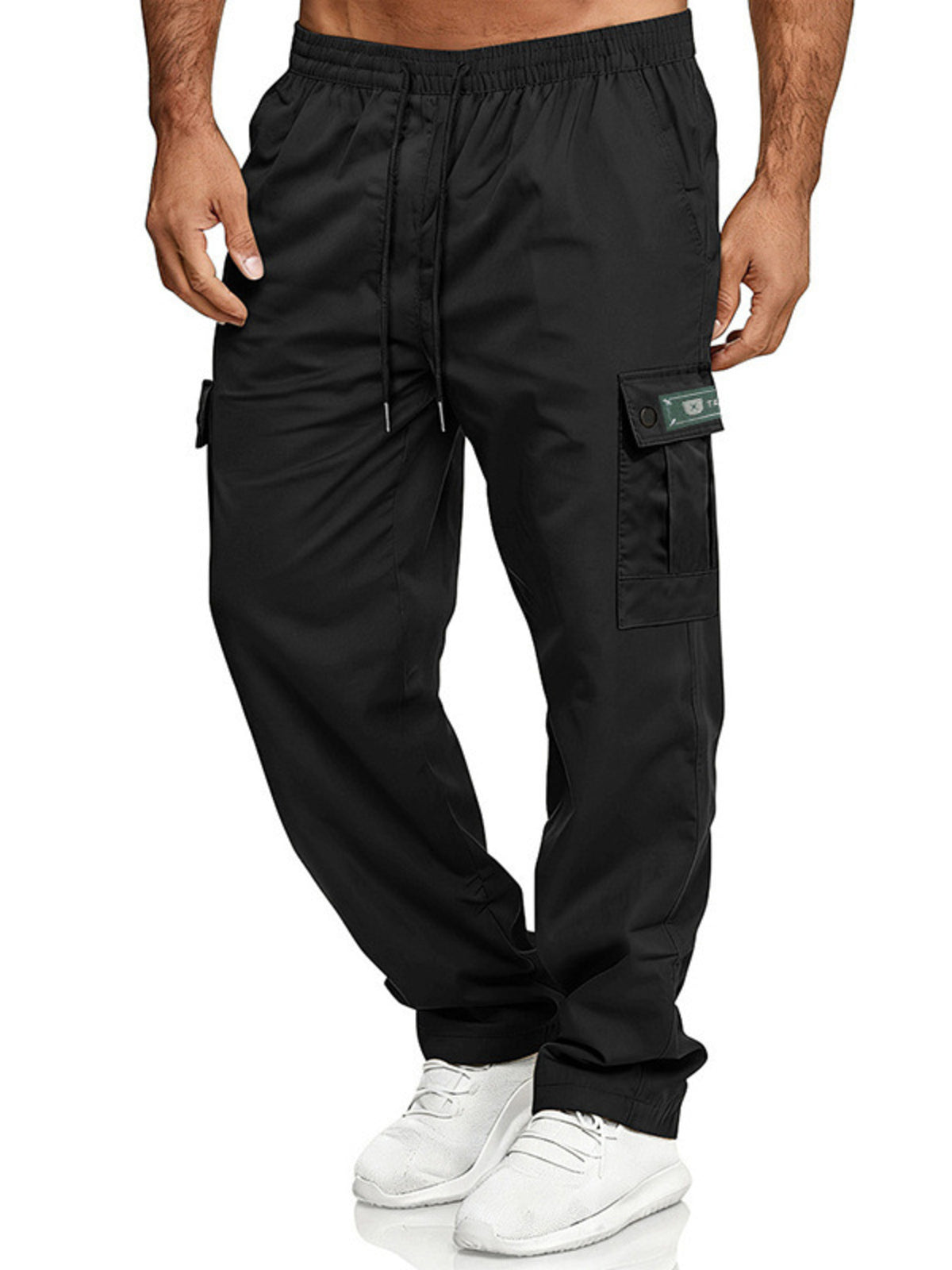 CLOTHRA men full size cargo pants with drawstring waist showing a comfortable plus size straight leg streetwear look. in a color Black