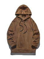Close up of the double lined heavy hood with adjustable drawstrings and clean collar stitch on CLOTHRA basic style pullover. in a color Camel