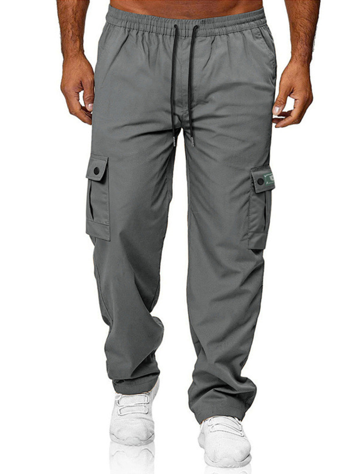 CLOTHRA men full size cargo pants with drawstring waist showing a comfortable plus size straight leg streetwear look. in a color Grey
