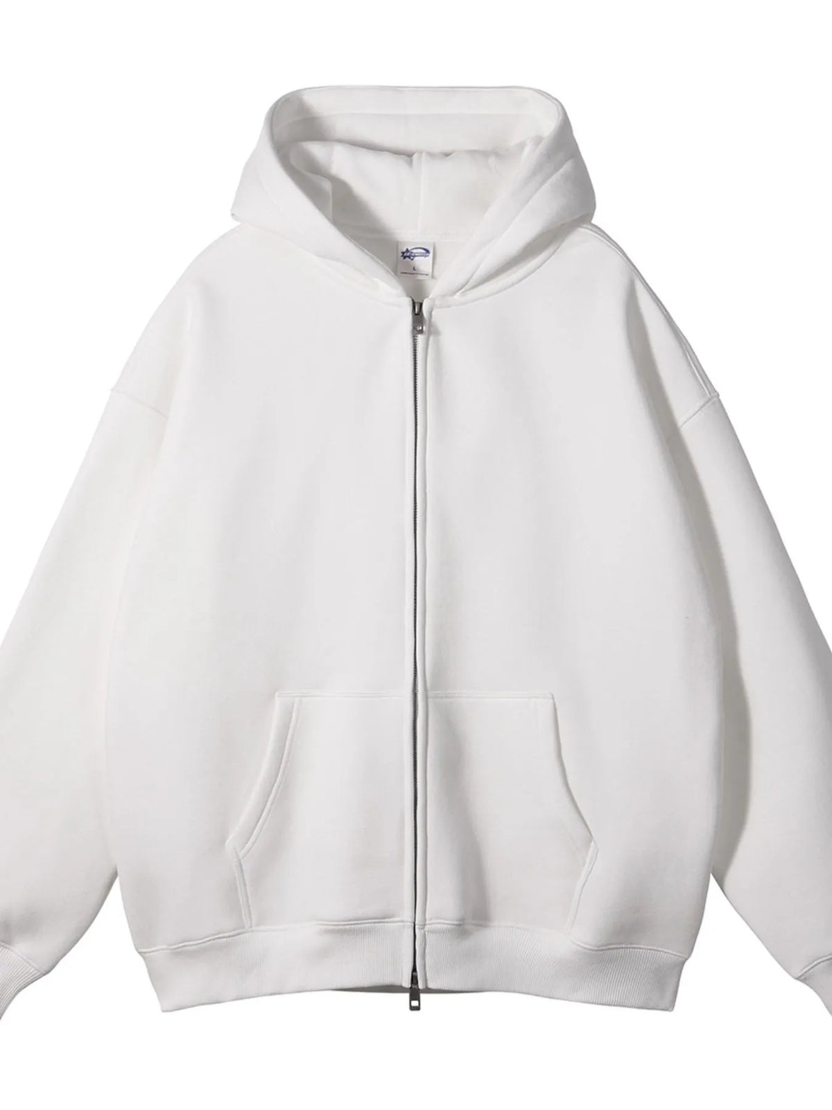 CLOTHRA unisex premium fleece zip-up hoodie showing an oversized fit and cozy streetwear style with front zipper. in a color White